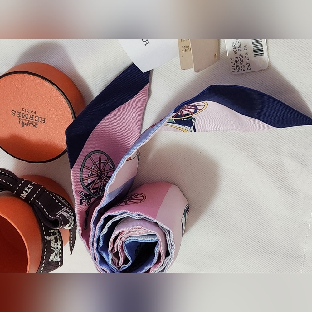Hermes Twilly "Les Voitures Exquises" - Bleu/Rose/Vert - Picture 12 of 16